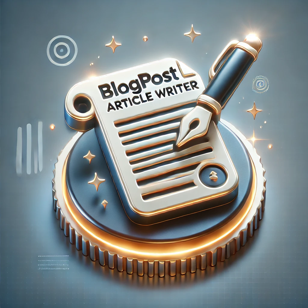 DALL·E 2024 12 10 22.05.11 A professional 3D icon for a Blogpost Article Writer tool. The icon features a 3D document with detailed text lines and a sleek, glowing pen writing o