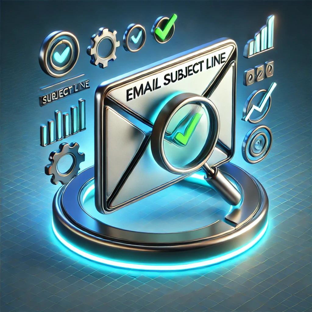 DALL·E 2024 12 10 22.56.02 A futuristic 3D icon for an Email Subject Line Tester tool. The icon features a glowing envelope with a magnifying glass inspecting a subject line abo