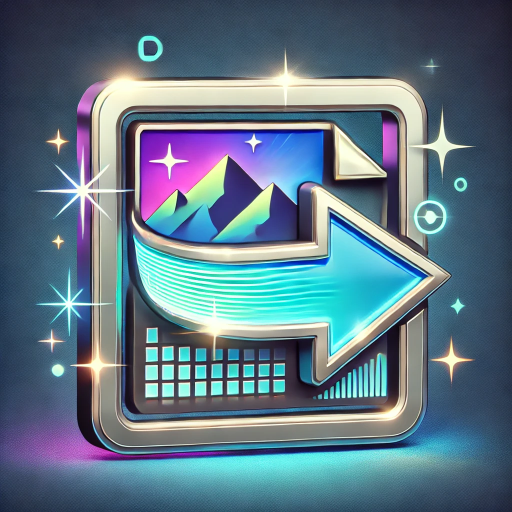 DALL·E 2024 12 10 23.18.51 A premium 3D icon for an Image Converter tool. The icon displays a glowing 3D image frame on the left with a mountain graphic, transitioning through a